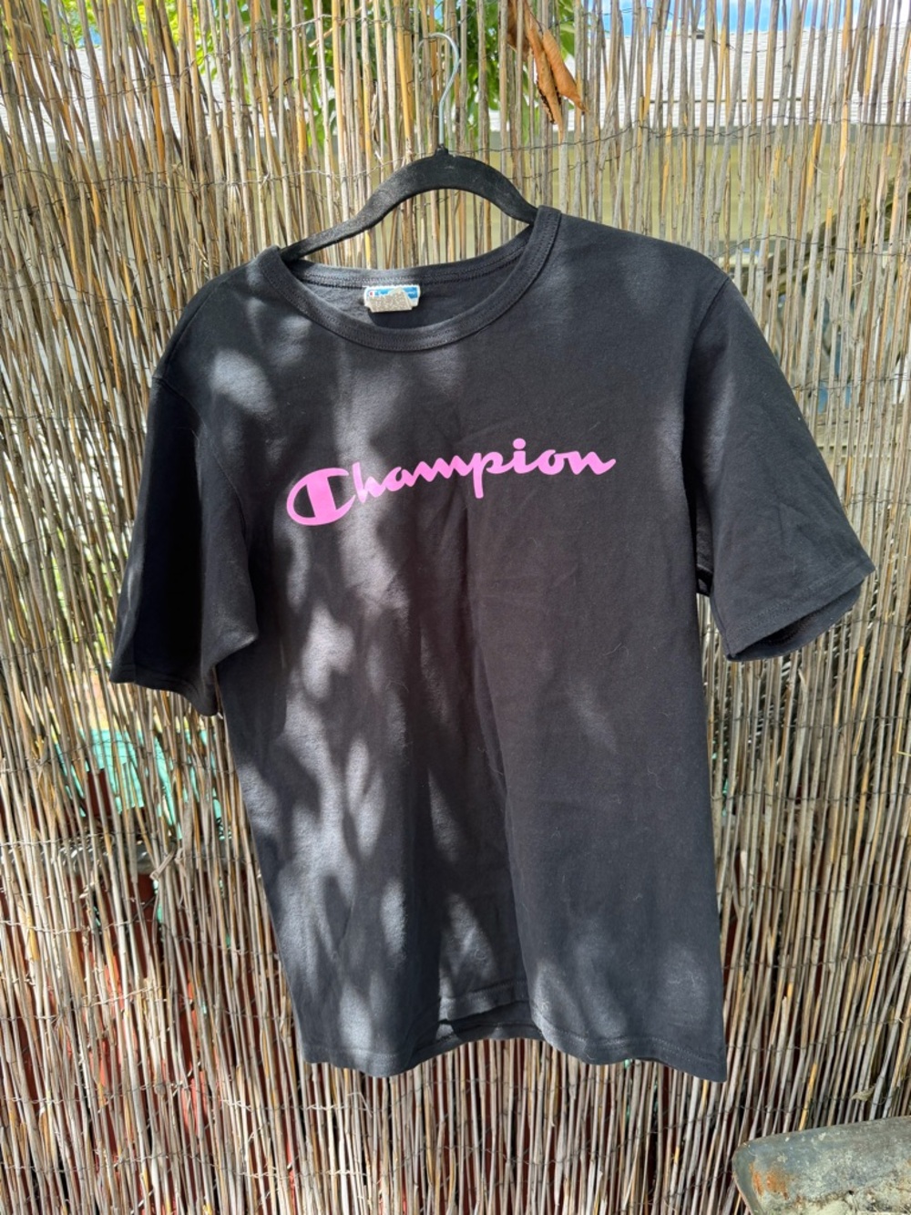 Champion Black Short Sleeve Tee with Pink Logo